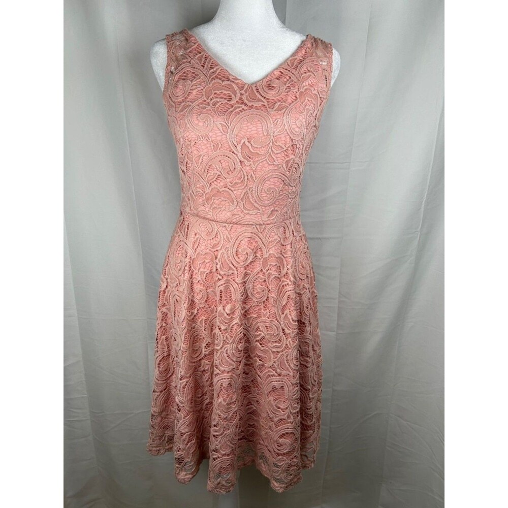 DressyStar Pink Lace Eyelet Layered Dress Small Sleeveless V-Neck Fit & Flare